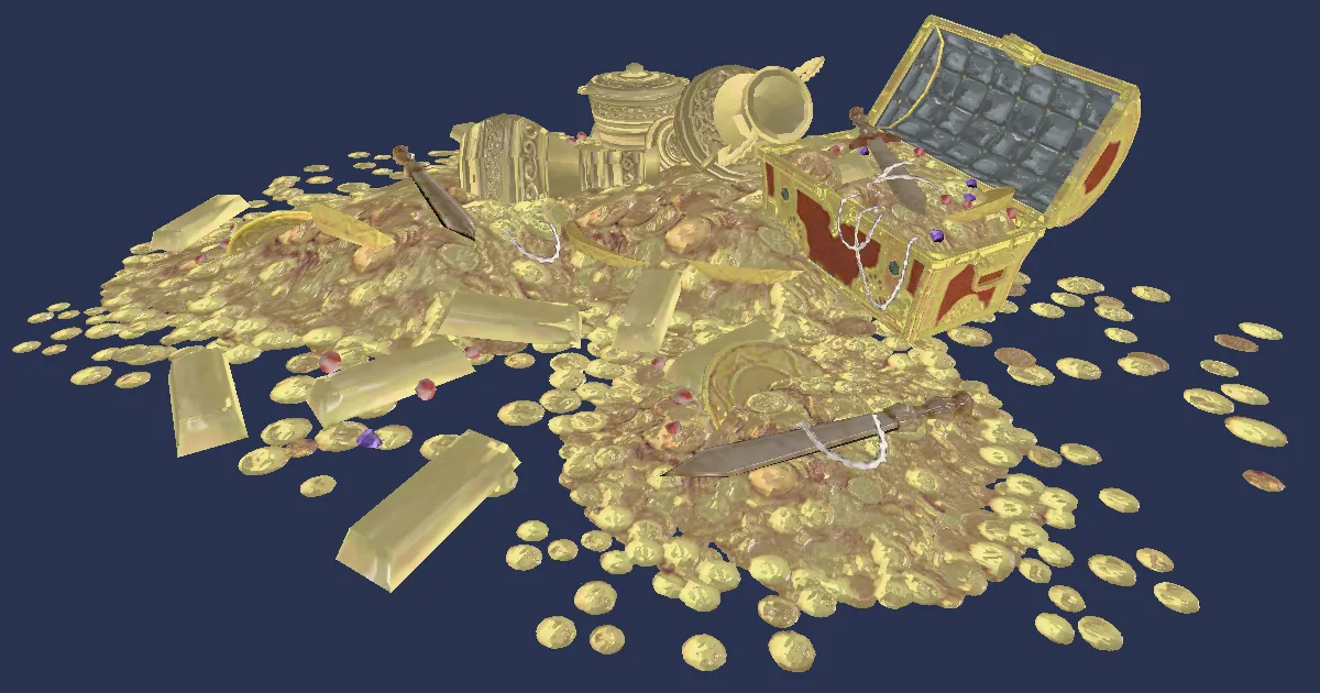 3D-Ansicht von Haufen goldener Schätze